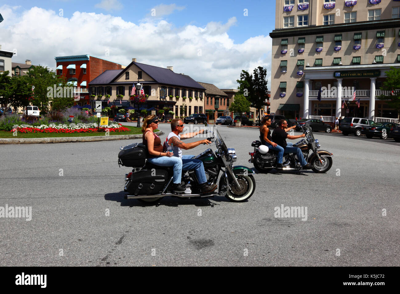 Bikers in Lincoln Square in front of Gettysburg Hotel during Bike Week, Gettysburg, Adams County, Pennsylvania, USA Stock Photo