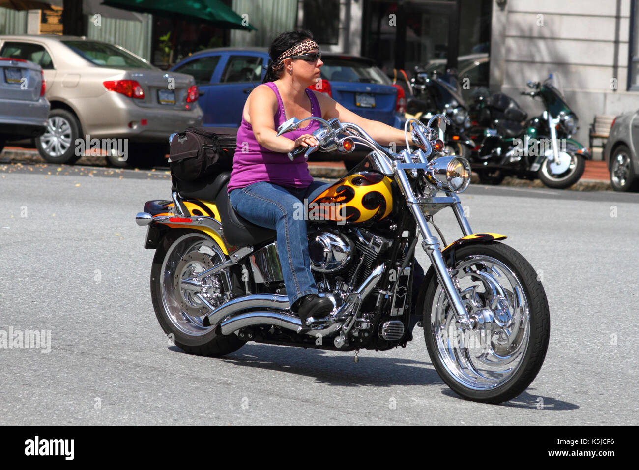 Female biker in Lincoln Square during Bike Week, Gettysburg, Adams County, Pennsylvania, USA Stock Photo