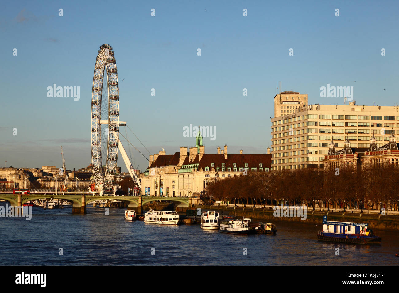 London Eye / Millennium Wheel, County Hall and St Thomas' Hospital, South Bank, London, England Stock Photo