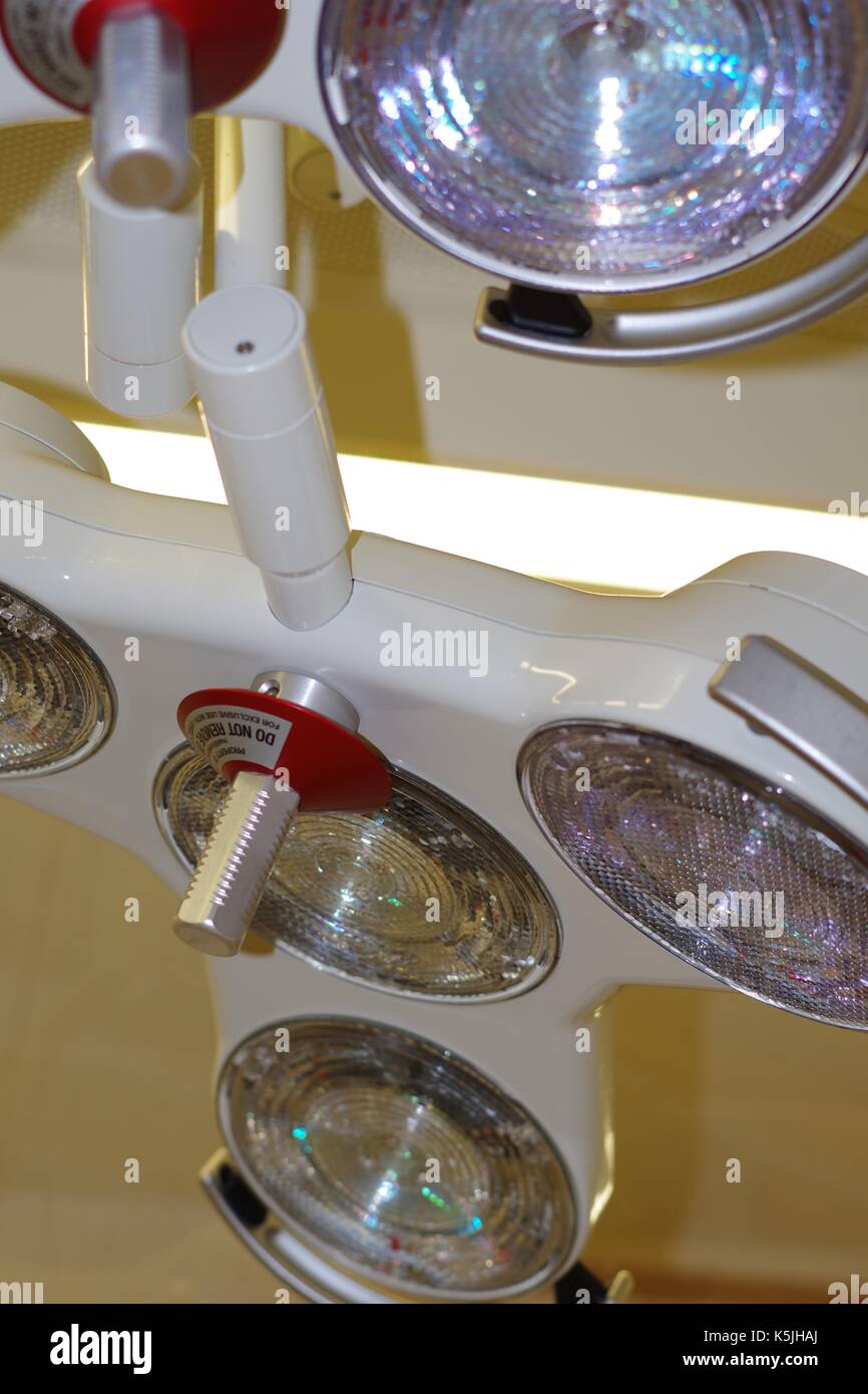 Surgical Lights in a Modern British Hospital Operating Theatre. UK, 2017. Stock Photo