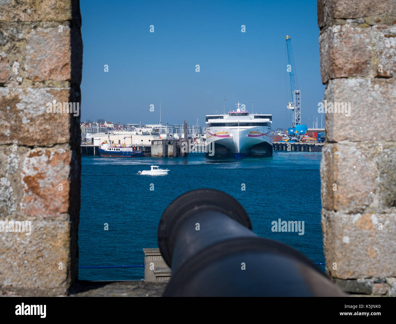 A view of the cross channel ferry, Condor Liberation in St Peter Port in Guernsey, Channel Islands Stock Photo