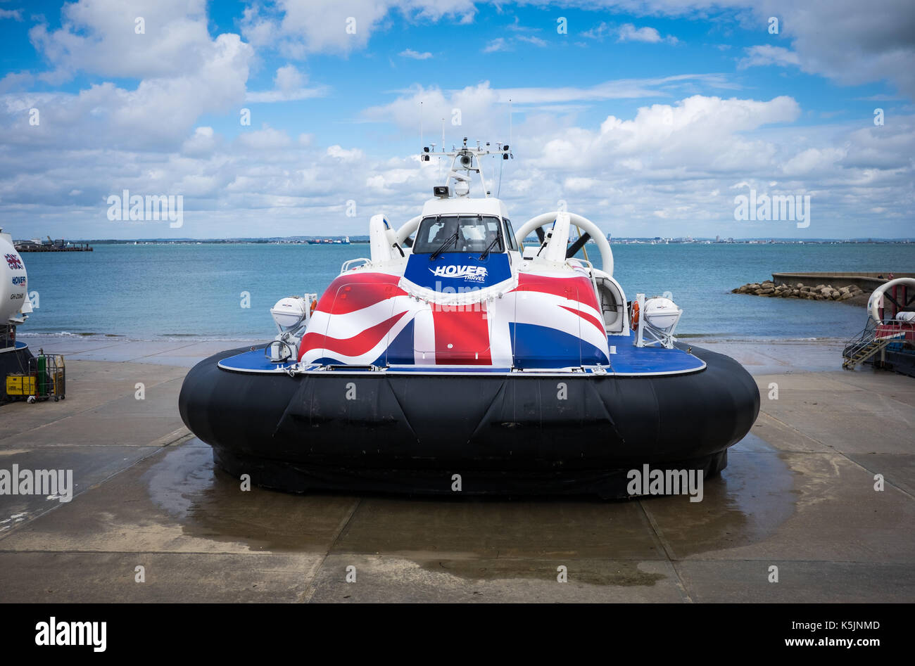 Island Flyer, one of the Ryde to Southsea Hovercraft leaving the Ryde terminal. Stock Photo