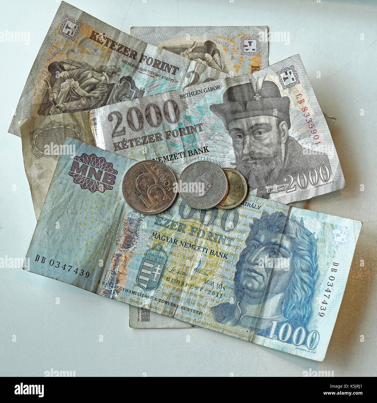 BUDAPEST, HUNGARY - JULY 13, 2015: Pile of Hungarian Forints at table. Stock Photo