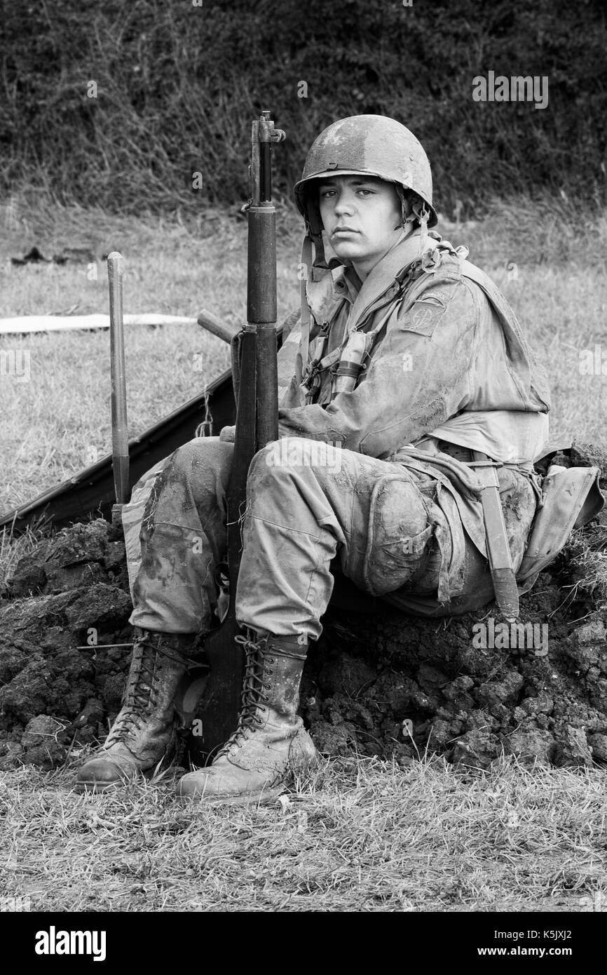 young soldier going to war from the WWII US Army 82Nd Airborne Division Paratrooper Stock Photo
