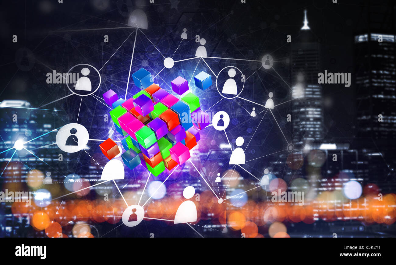 Concept of Internet and networking with digital cube figure on dark ...