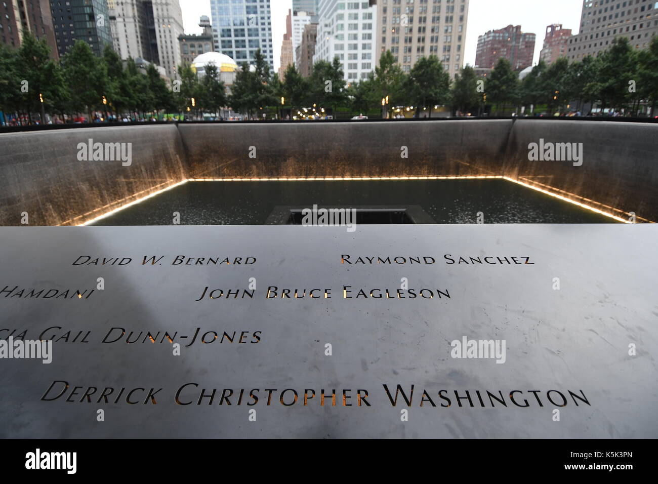 Names on the 9/11 Memorial in Freedom Park in New York City, August 12, 2017. Stock Photo