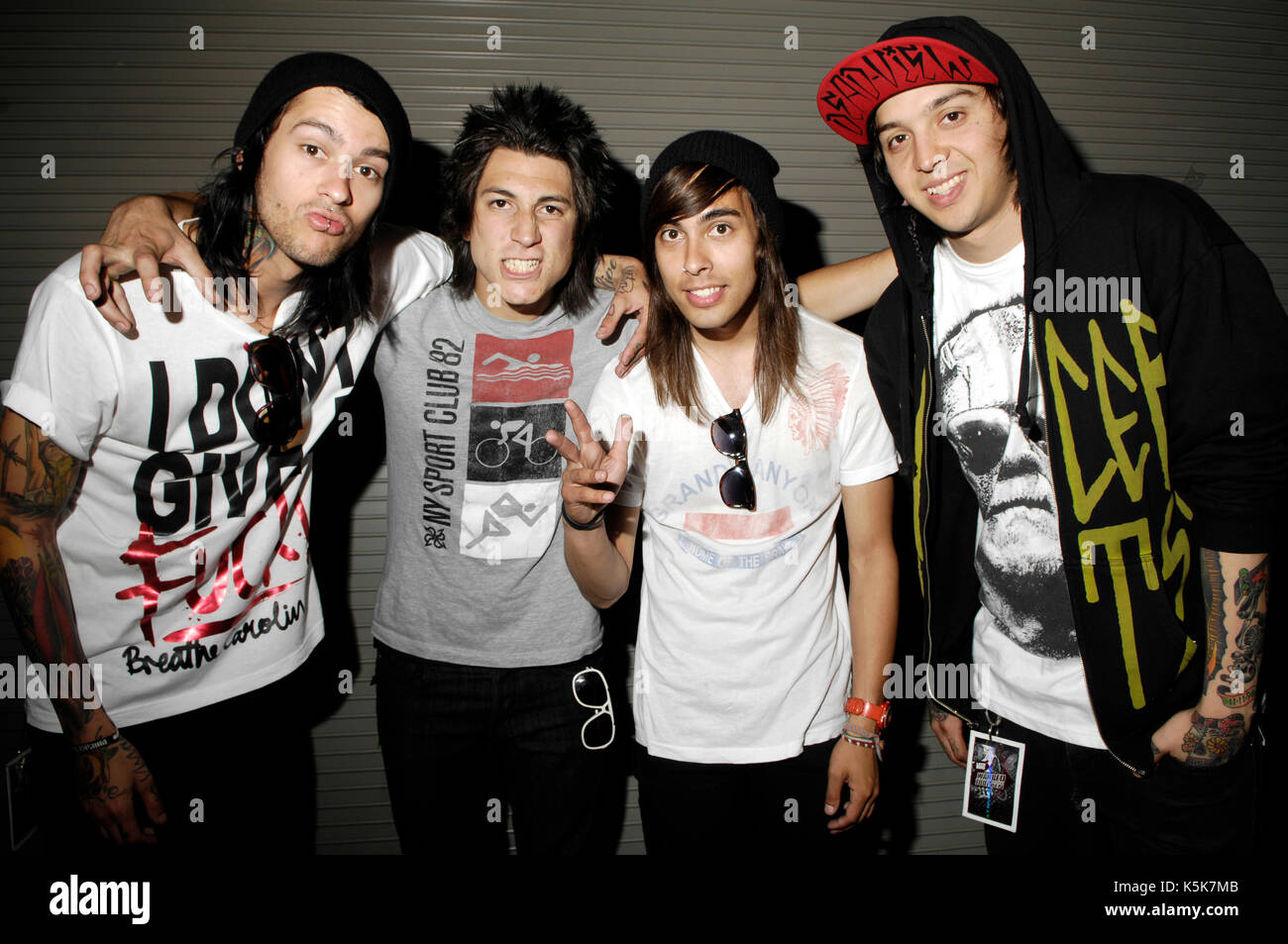 Mike Fuentes,Jaime Preciado,Vic Fuentes,Tony Perry Pierce Veil pose for portrait Vans Warped Tour 2010 Seaside Park June 27,2010 Ventura,California. Stock Photo