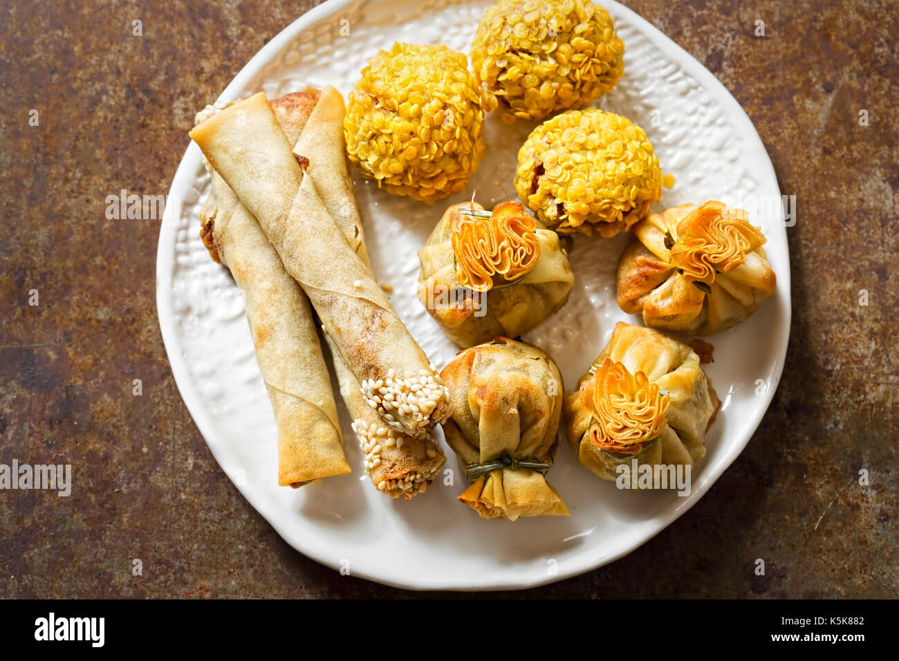 Duck party food selection. Sesame duck cigars, duck moneybags, crispy