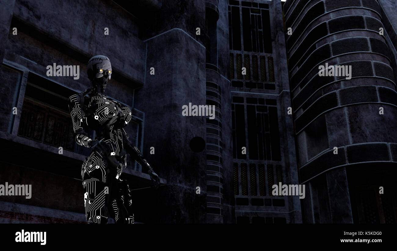 Cyborg at futuristic dark room background - 3d rendering Stock Photo