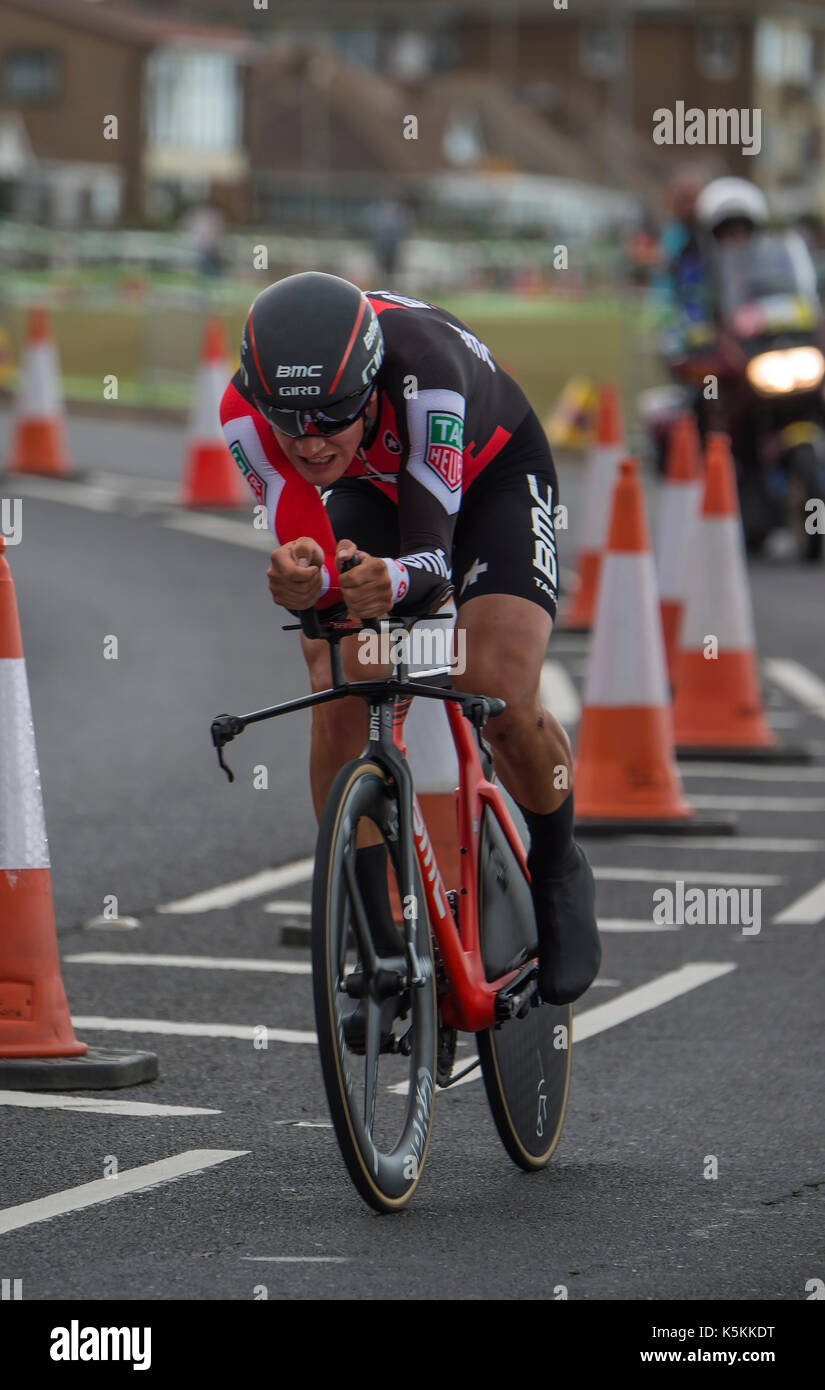 Silvan Dillier, Team BMC, Tour of Britain cycle race stage 5 timetrial at Clacton on sea, UK. Stock Photo
