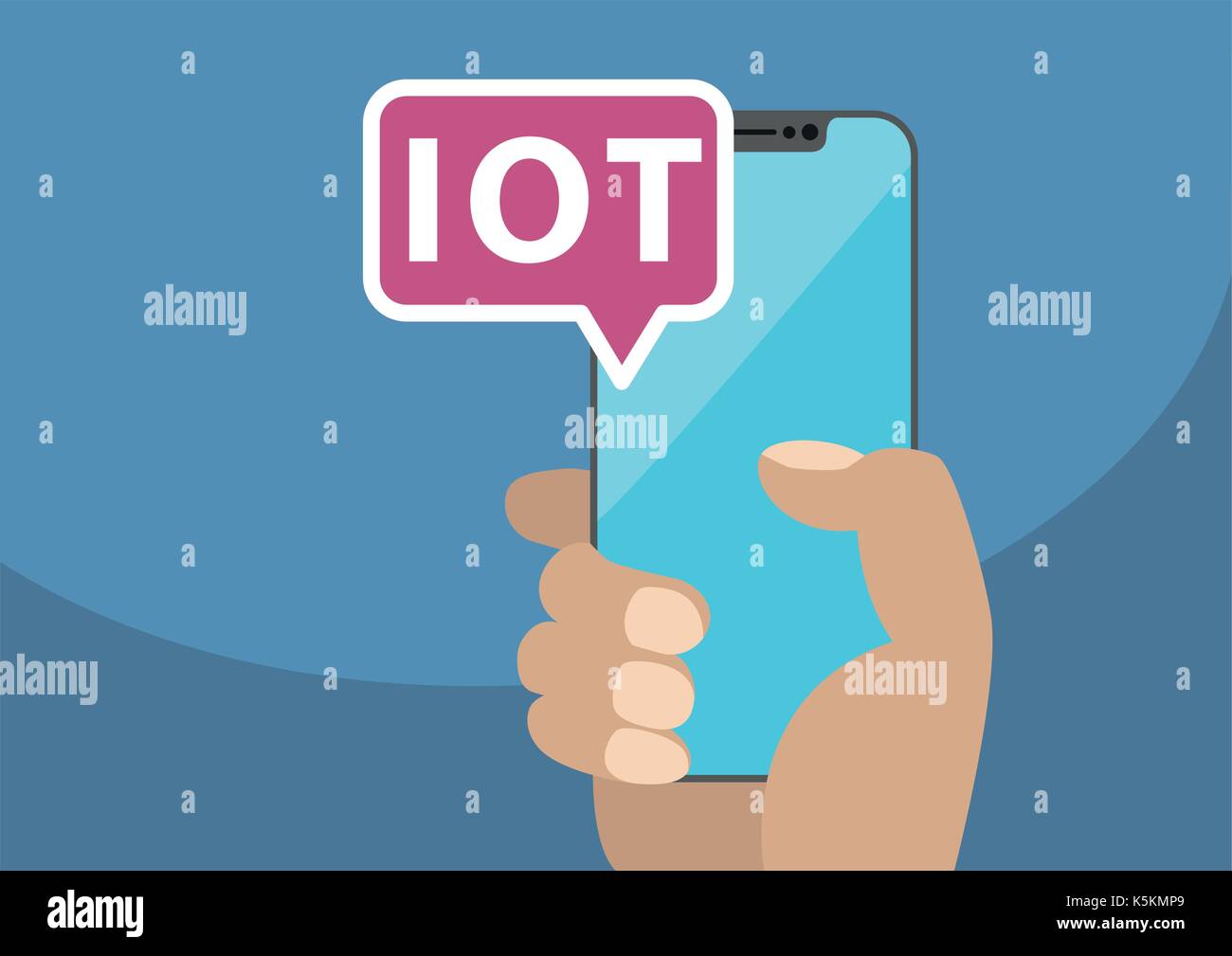 IOT / Internet of Things concept with text displayed on frameless touchscreen. Vector illustration with hand holding bezel-free smart phone Stock Vector