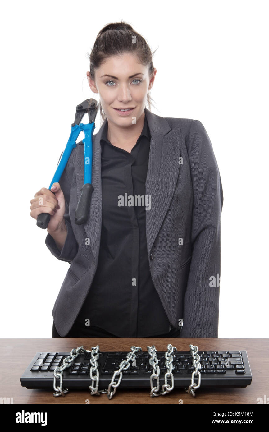 Computer keyboard locked up and business woman holding bolt cutters