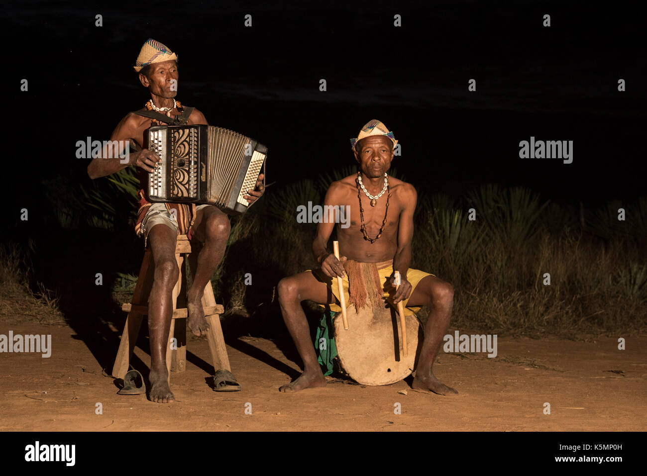Antandroy musicians, Mandrare River Camp, Ifotaka Community Forest, Madagascar Stock Photo