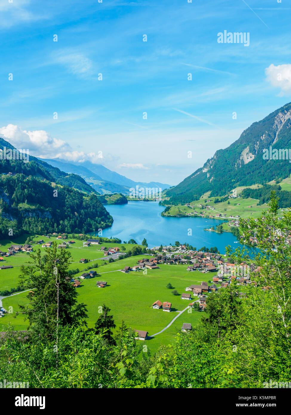 High view point lake Lungern and village from Brunig Pass, Switzerland. Stock Photo