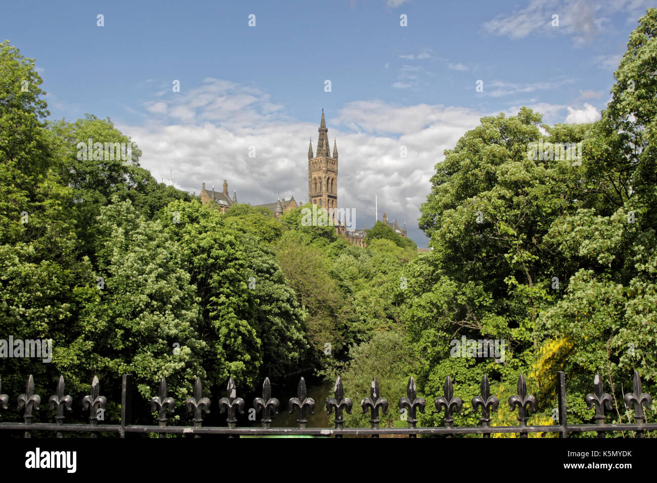 Glasgow university from Dunbarton road Kelvingrove park trees in the