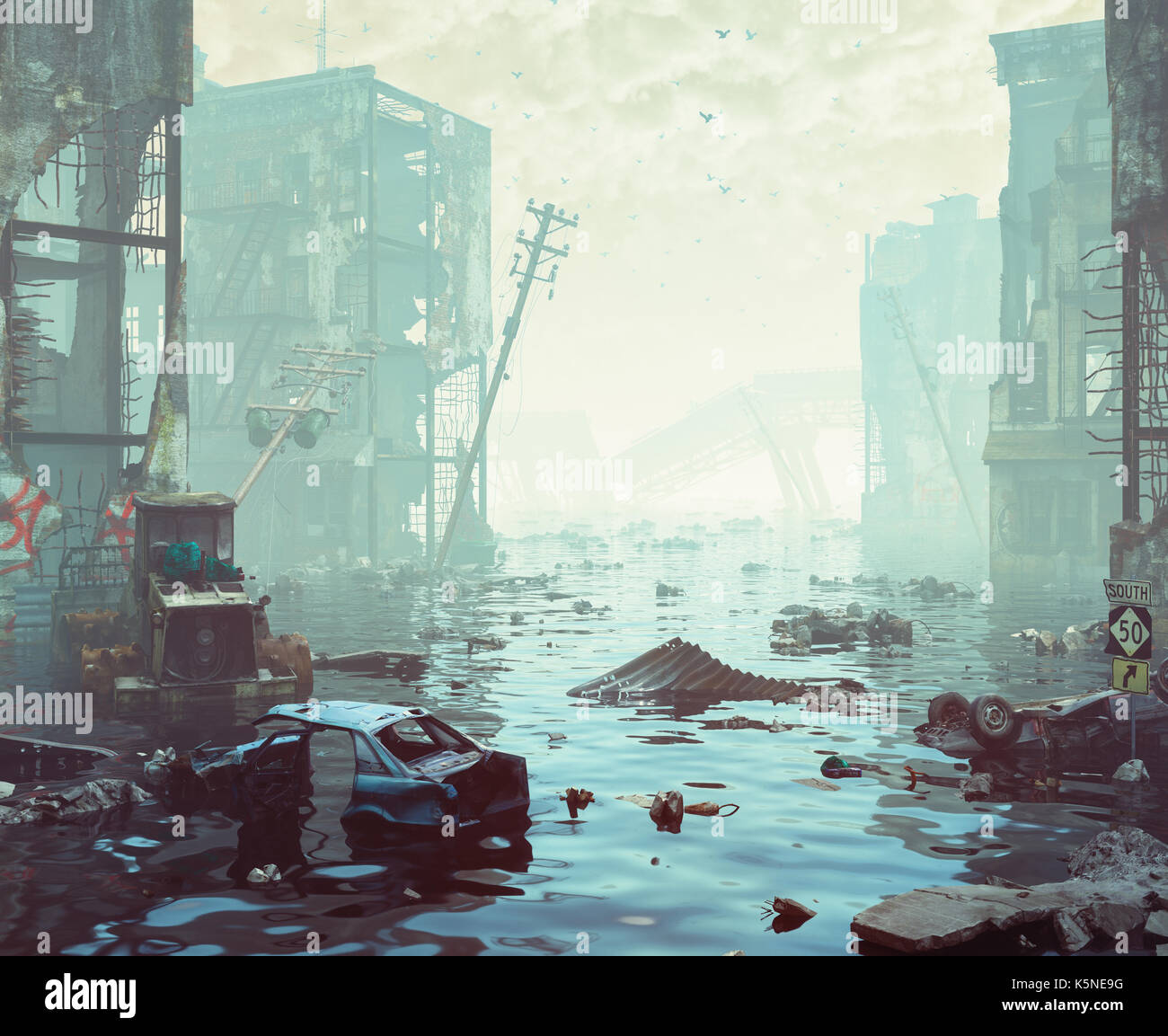 Ruins of the flooding city. Apocalyptic landscape.3d illustration concept Stock Photo