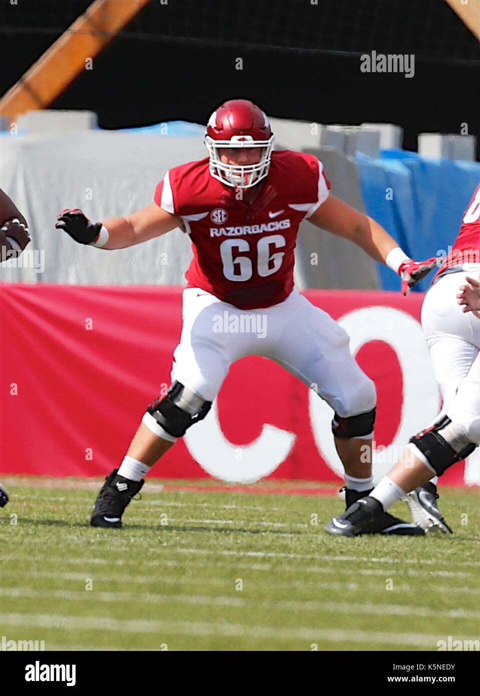 Sep 9, 2017: Arkansas offensive guard Ty Clary #66 takes his first step. The TCU Horned Frogs defeated the Arkansas Razorbacks 28-7 at Donald W. Reynolds Stadium in Fayetteville, AR, Richey Miller/CSM Stock Photo