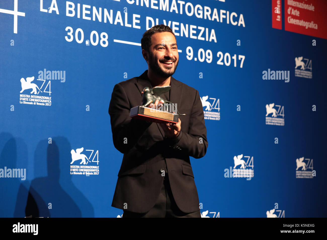 Venice, Italy. 09th Sep, 2017. Iranian actor Navid Mohammadzadeh poses during a photocall after he receives the Orizzonti Award for Best Actor for his character in the movie 'No Date, No Signature' (Bedoune Tarikh, Bedoune Emza) during the award ceremony of the 74th Venice Film Festival on September 9, 2017 at Venice Lido. ( Credit: Annalisa Flori/Media Punch)/Alamy Live News Stock Photo