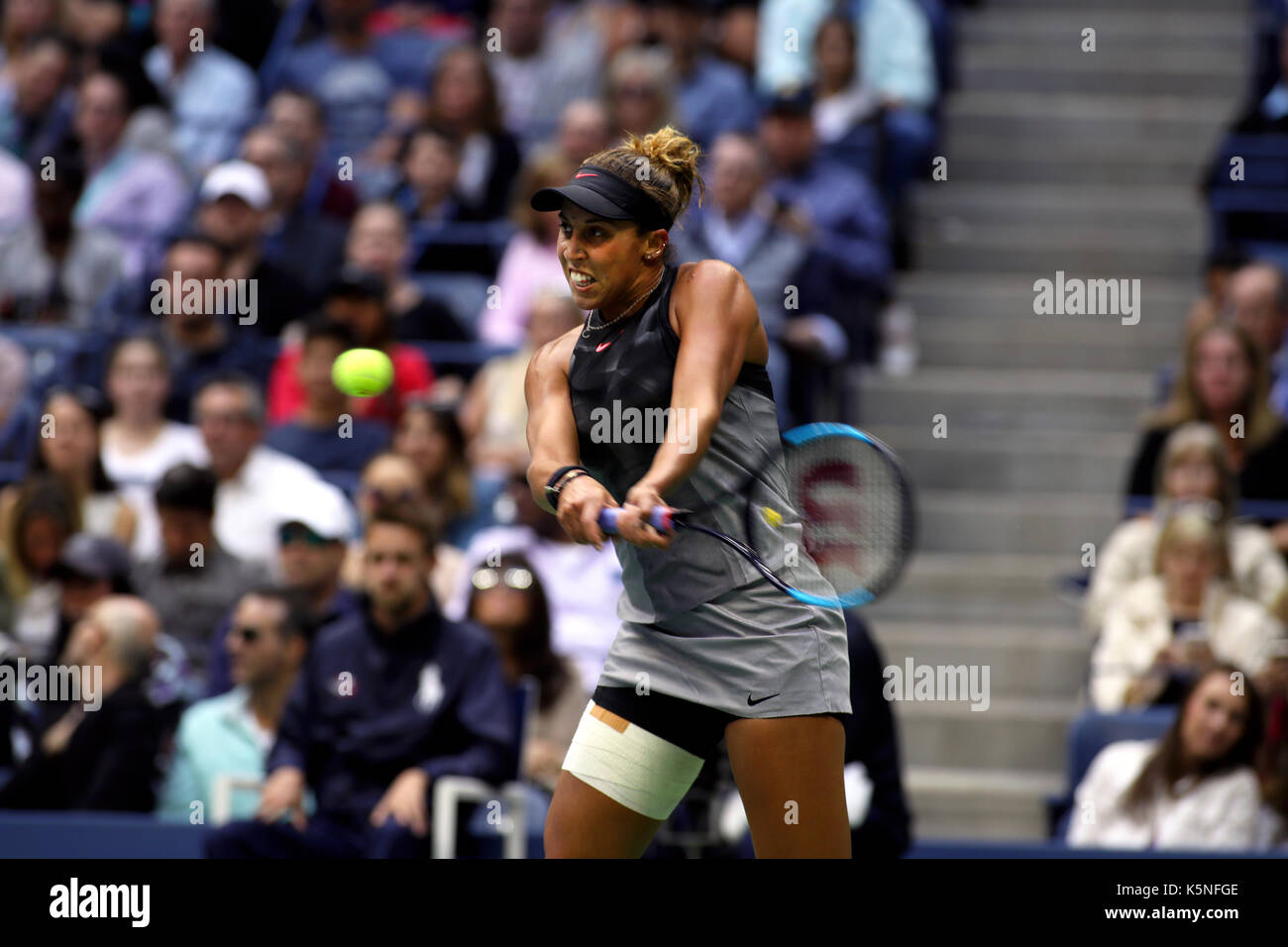 New York, United States. 09th Sep, 2017. US Open Tennis: New York, 9 September, 2017 - Madison Keys of the United States strikes a backhand to fellow American Sloan Stephens during the US Open women's singles final in Flushing Meadows, New York. Stephens won the match in straight sets to capture her firt US Open title. Credit: Adam Stoltman/Alamy Live News Stock Photo