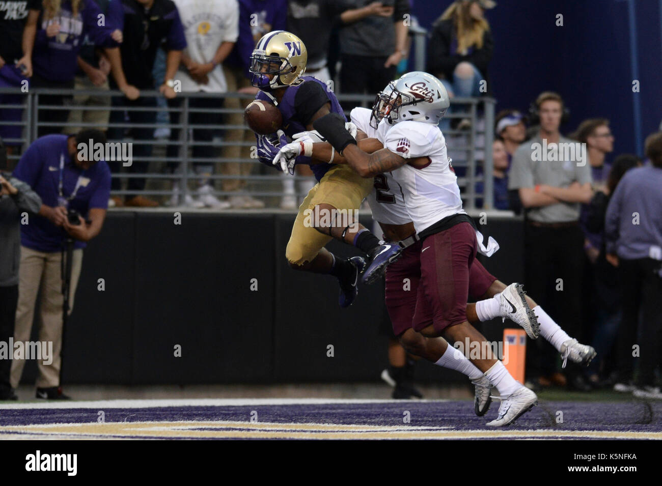 Seattle, WA, USA. 9th Sep, 2017. UW receiver Chico McClatcher (6) goes up for a pass in the endzone against the Montana defense in a game between the Montana Grizzlies and the Washington Huskies. The game was played at Husky Stadium on the University of Washington campus in Seattle, WA. Jeff Halstead/CSM/Alamy Live News Stock Photo
