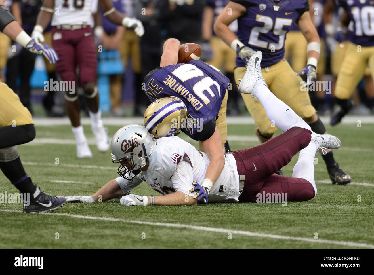 Seattle, WA, USA. 9th Sep, 2017. UW linebacket Sean Constantine (34) intercepts a pass in a game between the Montana Grizzlies and the Washington Huskies. The game was played at Husky Stadium on the University of Washington campus in Seattle, WA. Jeff Halstead/CSM/Alamy Live News Stock Photo