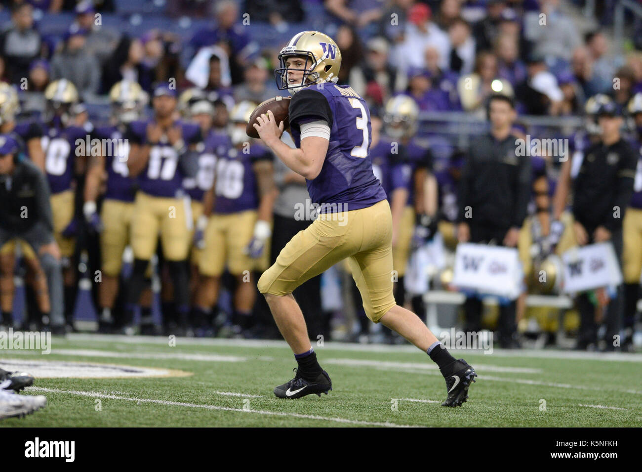 Seattle, WA, USA. 9th Sep, 2017. UW quarterback Jake Browing (3) in action during a game between the Montana Grizzlies and the Washington Huskies. The game was played at Husky Stadium on the University of Washington campus in Seattle, WA. Jeff Halstead/CSM/Alamy Live News Stock Photo