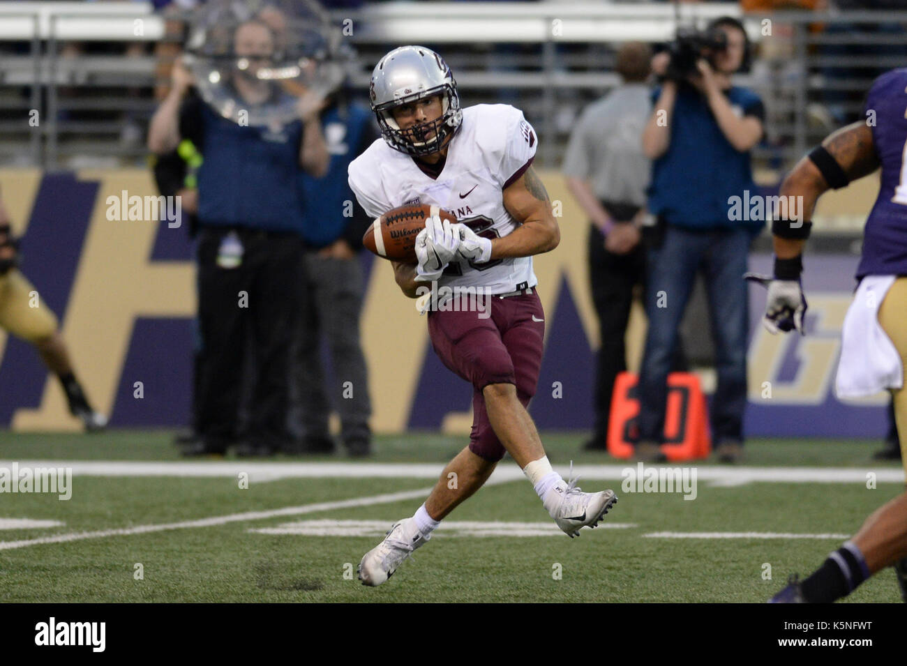 Seattle, WA, USA. 9th Sep, 2017. Montana receiver Samuel Akem (18) catches a pass in a game between the Montana Grizzlies and the Washington Huskies. The game was played at Husky Stadium on the University of Washington campus in Seattle, WA. Jeff Halstead/CSM/Alamy Live News Stock Photo