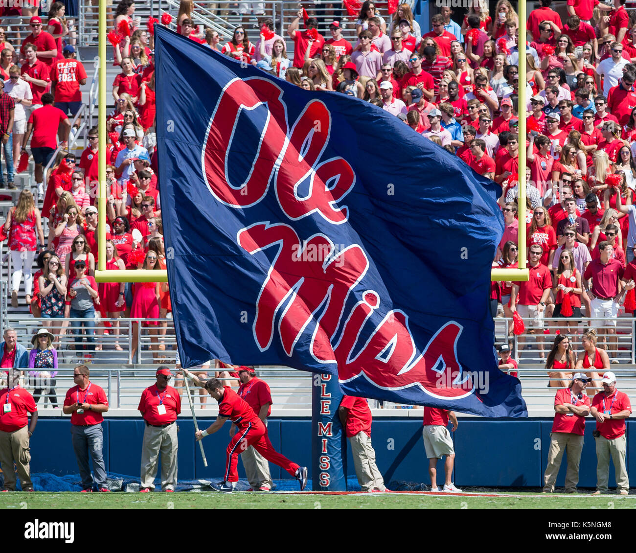 Oxford, USA.  9th Sept 2017. A University of Mississippi  chearleader carries a banner to celebrate a touchdown by Wide Receiver A.J. Brown (1) during the first quarter at Vaught-Hemingway Stadium in Oxford, Mississippi,  on Saturday, September 9, 2107.  Credit: Kevin Williams/Alamy Live News. Stock Photo