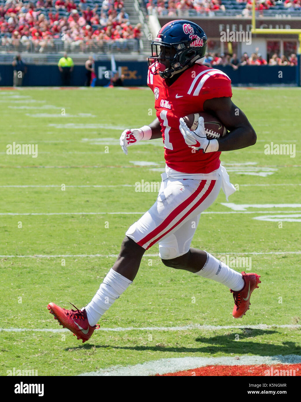 Oxford, USA.  9th Sept 2017. University of Mississippi Wide Receiver A.J. Brown (1) walks into the endzone for the touchdown after catching the pass from Quarterback Shae Patterson (10) during the third quarter at Vaught-Hemingway Stadium in Oxford, Mississippi,  on Saturday, September 9, 2107.  Credit: Kevin Williams/Alamy Live News. Stock Photo