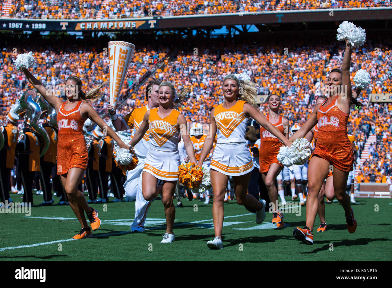 September 09, 2017: Tennessee Volunteers cheerleaders take the field before the NCAA Football game between the University of Tennessee Volunteers and the Indiana State Sycamores at Neyland Stadium in Knoxville, TN Tim Gangloff/CSM Stock Photo