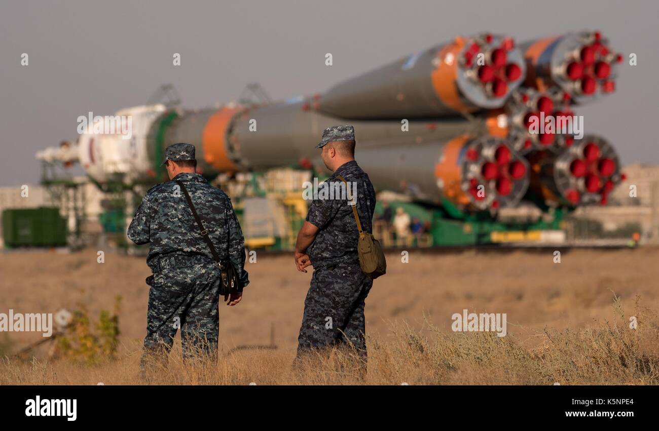 The Russian Soyuz rocket and Soyuz MS-06 spacecraft are rolled by train to the Baikonur Cosmodrome launch pad in preparation for the NASA International Space Station Expedition 53 mission September 10, 2017 in Baikonur, Kazakhstan. International Space Station Expedition 53 crew American astronaut Mark Vande Hei of NASA, Soyuz Commander Alexander Misurkin of Roscosmos, and American astronaut Joe Acaba of NASA will launch aboard the rocket on September 13th. Stock Photo
