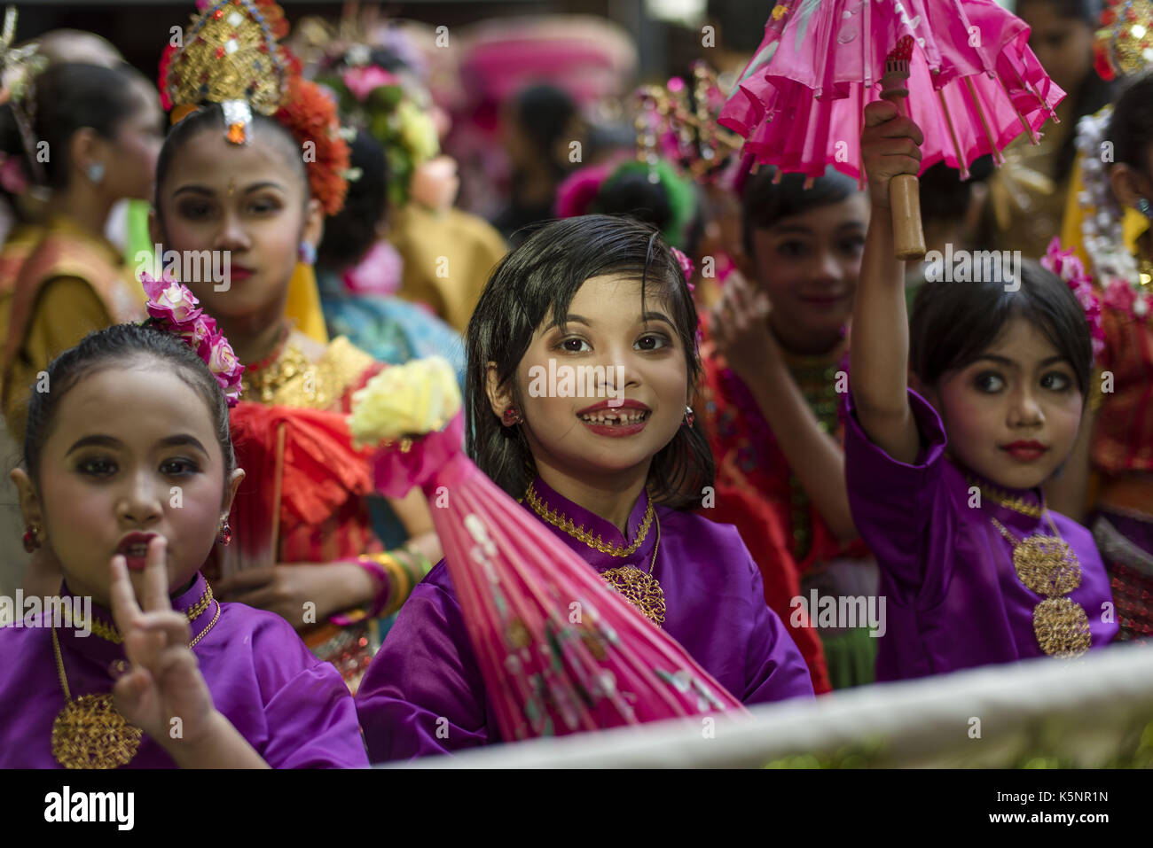 Kuala Lumpur, MALAYSIA. 10th Sep, 2017. Malaysian kids wearing traditional costumes during the Japanese annual 'Bon Odori' festival celebrations in Kuala Lumpur, Malaysia on September 10, 2017. Hundreds of participants including both resident Japanese nationals and local Malaysians are celebrated the summer dance festival. Credit: Chris Jung/ZUMA Wire/Alamy Live News Stock Photo