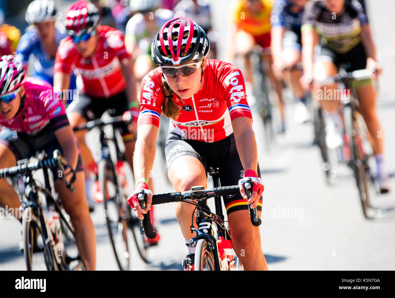Madrid, Spain. 10th Sep, 2017. A cyclist of Lotto Soudal Ladies rides during the women cycling race 'Madrid Challenge' on September 10, 2017 in Madrid, Spain. Credit: David Gato/Alamy Live News Stock Photo