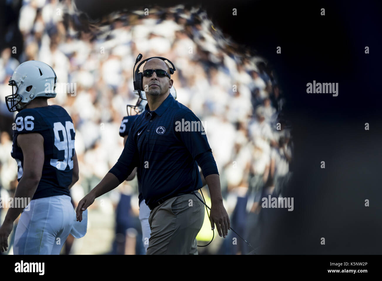 University Park, Pennsylvania, USA. 9th Sep, 2017. September 09, 2017: Penn State Nittany Lions head coach James Franklin looks on after his team scores a touchdown during the NCAA football game between the Pittsburgh Panthers and the Penn State Nittany Lions at Beaver Stadium in University Park, Pennsylvania. Credit: Scott Taetsch/ZUMA Wire/Alamy Live News Stock Photo