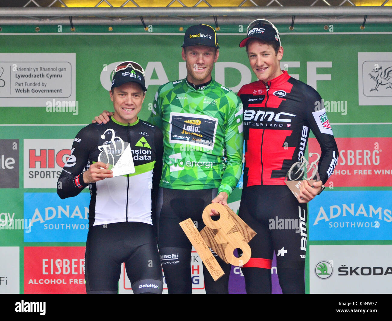 Cardiff, UK. 10th Sep, 2017. The Ovo Energy Tour of Britain stage 8 from Worcester finishes in Cardiff on a 3 lap street circuit. Podium of General Classification on the final stage: Lars Boom (Lotto Jumbo), Edvald Boasson Hagen (Dimension Data) & Stefan Küng (BMC).The stage win was taken in a sprint by Edvald Boasson Hagen and the overall winner of the cycle race was Lars Boom.Picture credit: Ian Homer/Alamy Stock Photo