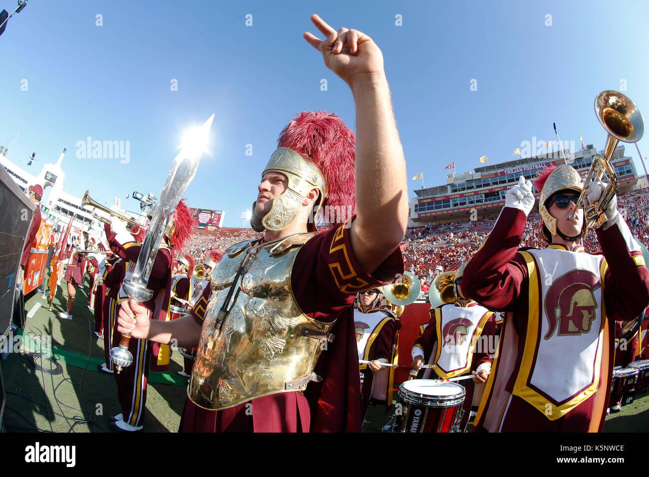 September 09, 2017 USC Trojans mascot Tommy Trojan in action before the game against the Stanford Cardinal at the Los Angeles Coliseum in Los Angeles, California. USC defeated Stanford 42-24. Charles Baus/CSM Stock Photo