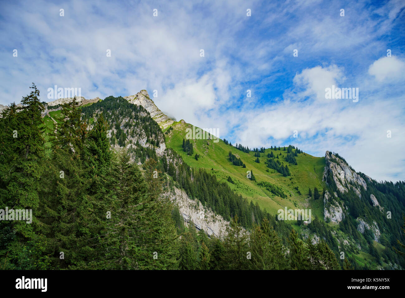 Scenic view from the special train climbing up to the Mount Pilatus, Lucerne, Switzerland Stock Photo