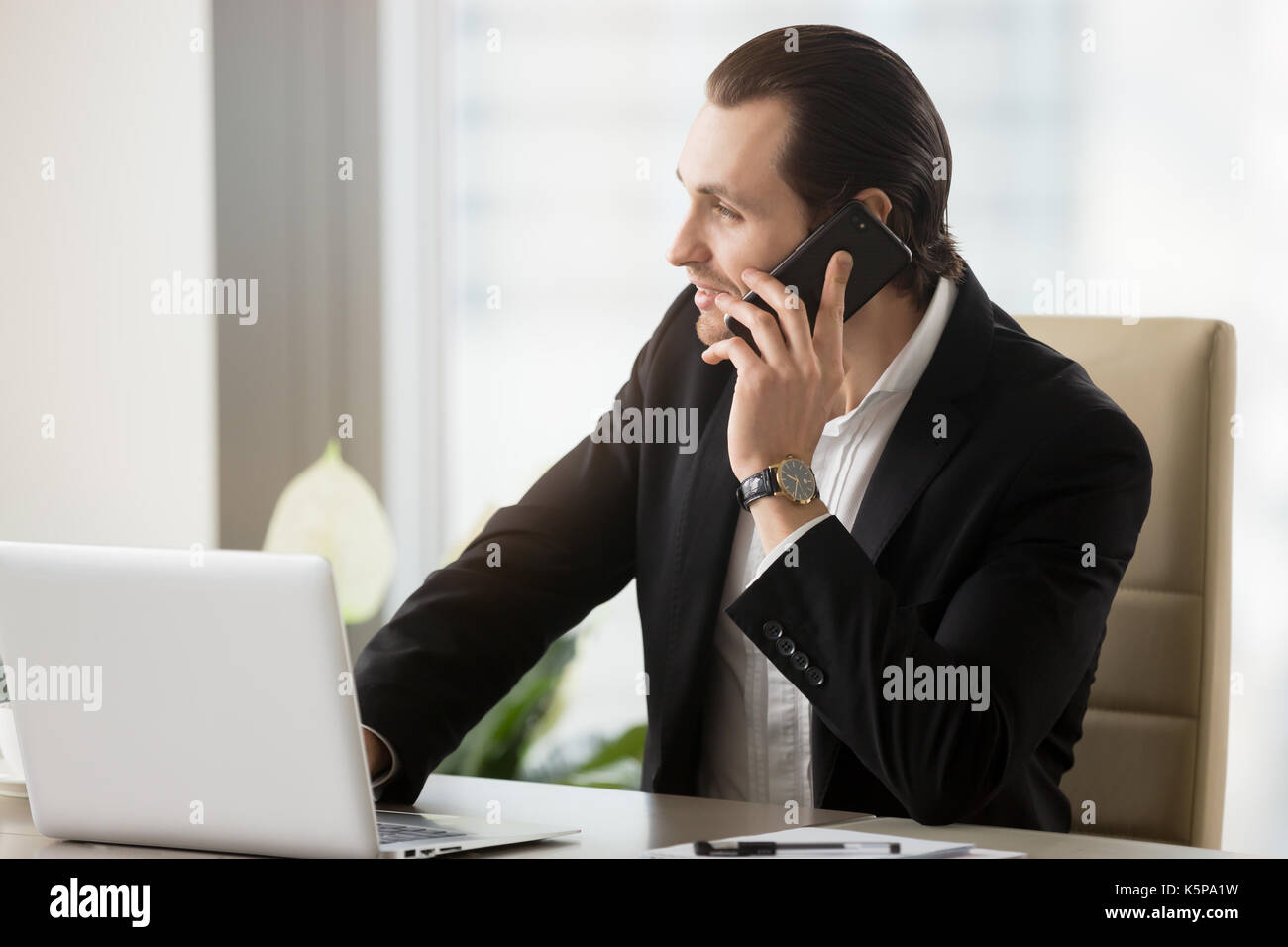 Smiling handsome businessman in modern office talking on cellpho Stock Photo