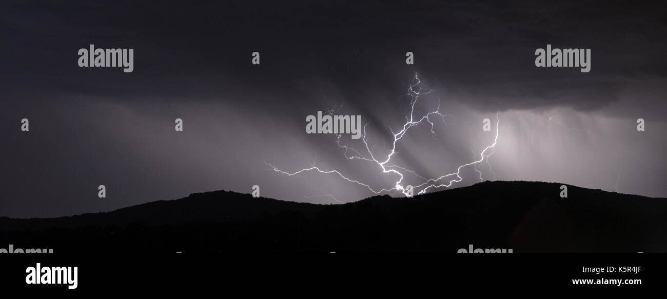 Lightning strike over mountain range, panorama Stock Photo