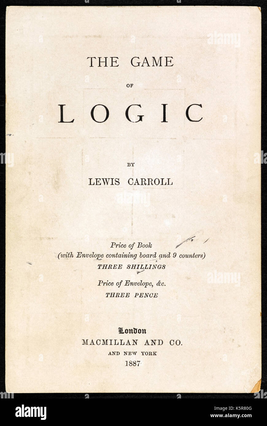 ‘The Game of Logic’ by Lewis Caroll, the pseudonym of Charles Lutwidge Dodgson (1832-1898) in 1887. Dodgson was a mathematician and this game challenged ‘players’ to denote various logical statements. Photograph of title page. See more information below. Stock Photo