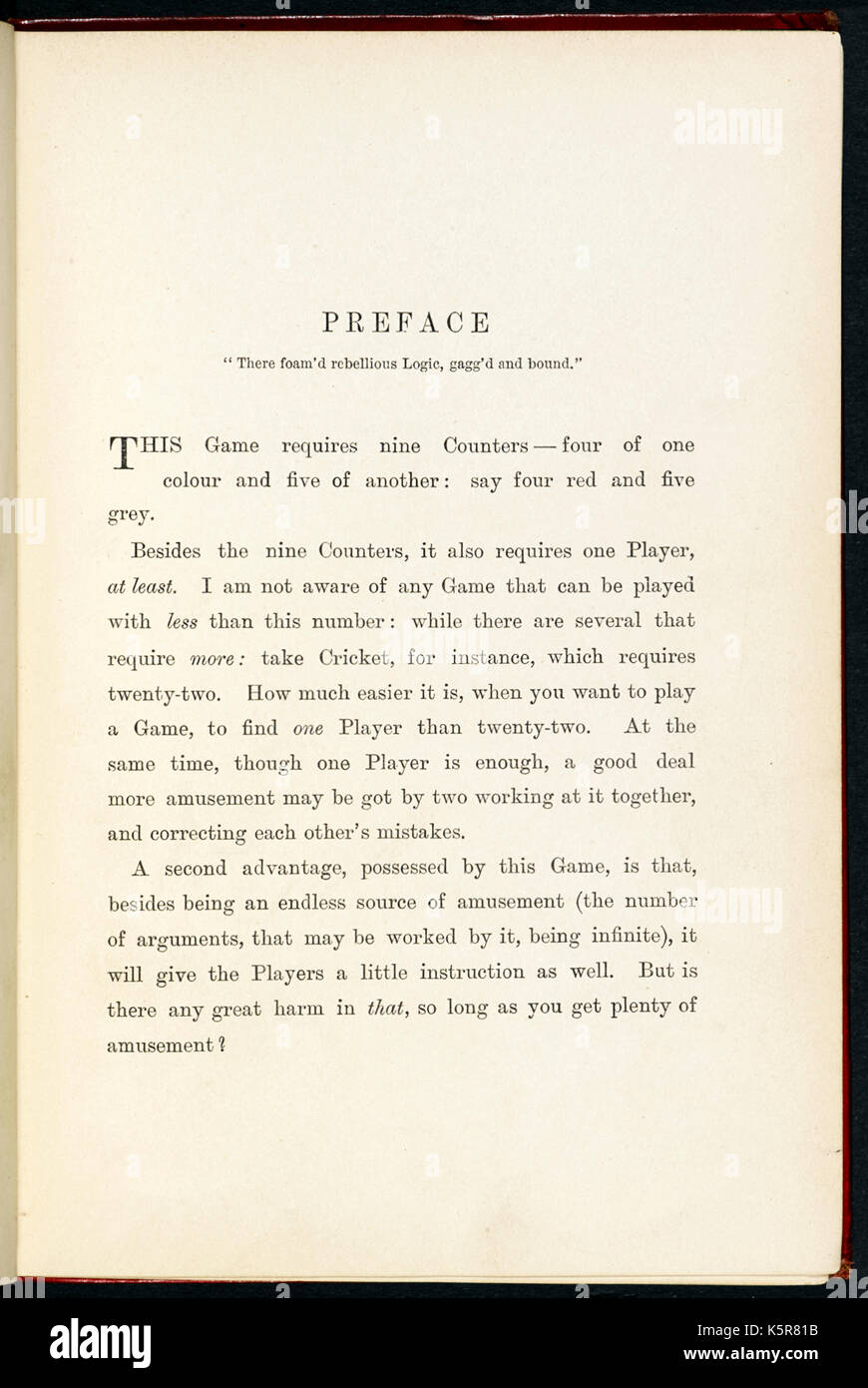 ‘The Game of Logic’ by Lewis Caroll, the pseudonym of Charles Lutwidge Dodgson (1832-1898) in 1887. Dodgson was a mathematician and this game challenged ‘players’ to denote various logical statements. Photograph of amusing preface noting that the game requires at least one player. See more information below. Stock Photo
