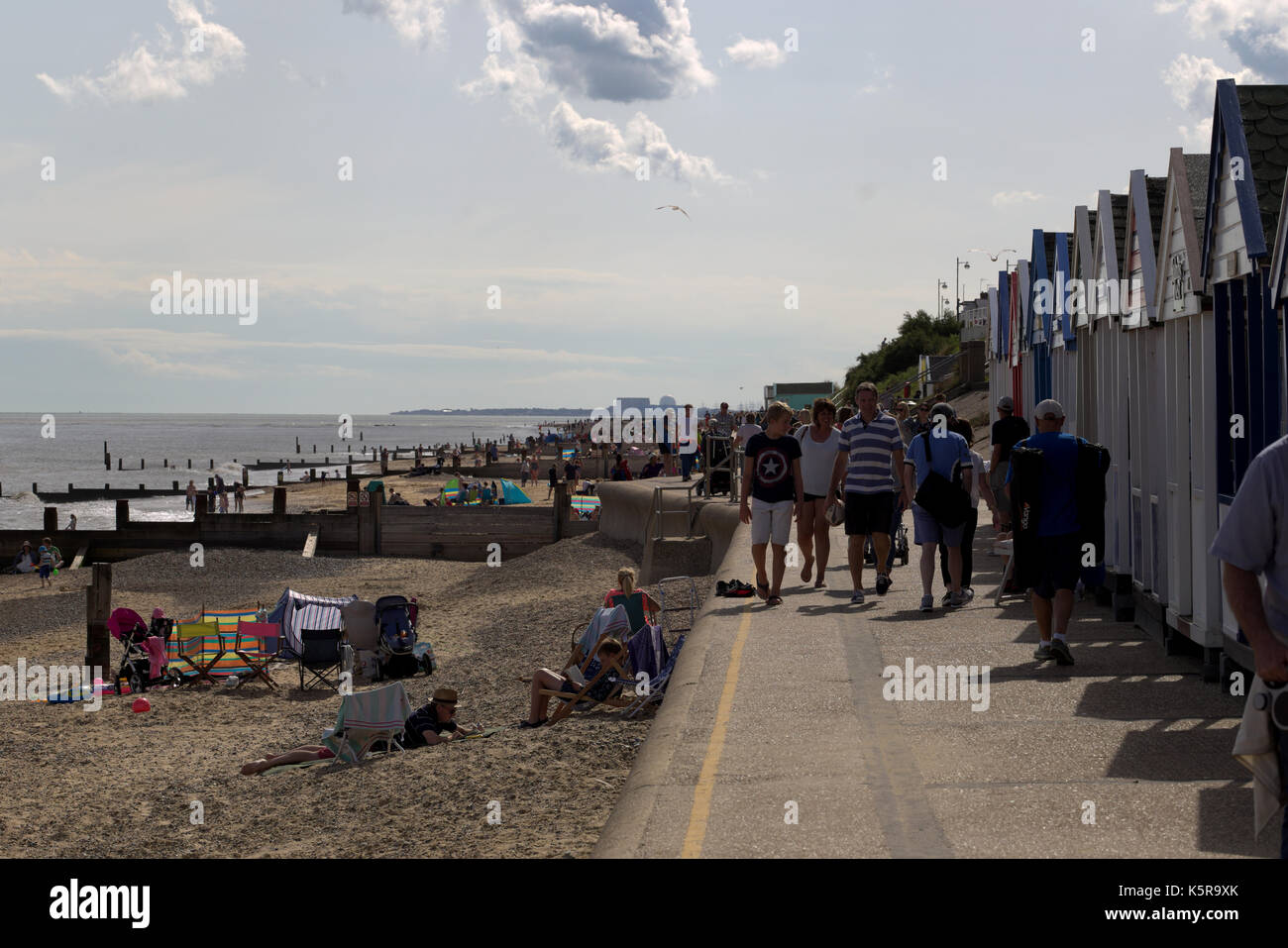 Southwold seaside resort village in Suffolk, England, in August 2017, with the dome of Sizewell nuclear power station on the distant horizon Stock Photo
