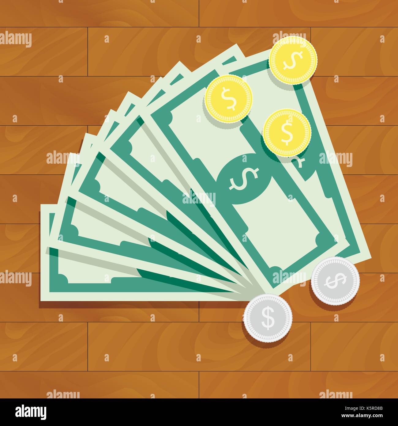 Stack of cash icon. Fan of banknotes and silver and golden coins on wooden table. Vector illustration Stock Vector