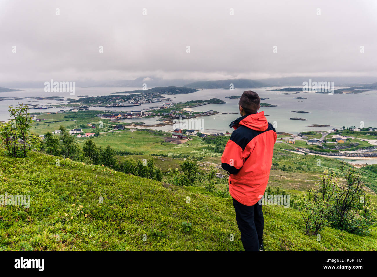 A man watching a landscape of village in Norway, Scandinavia Stock Photo