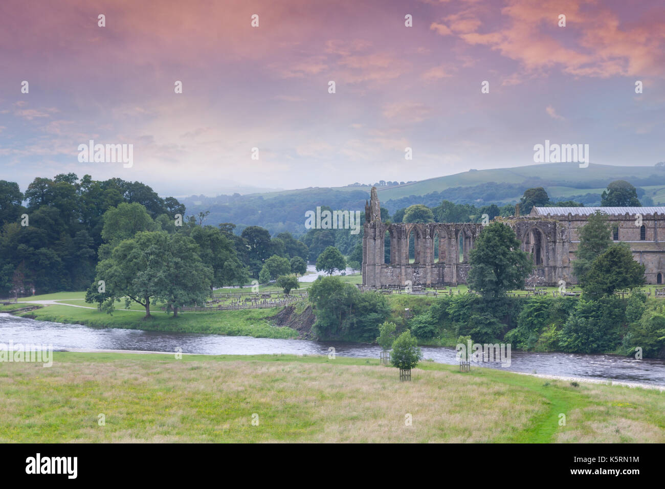 Bolton Abbey in Wharfedale in North Yorkshire, England, with the ruins of a 12th-century Augustinian monastery Stock Photo