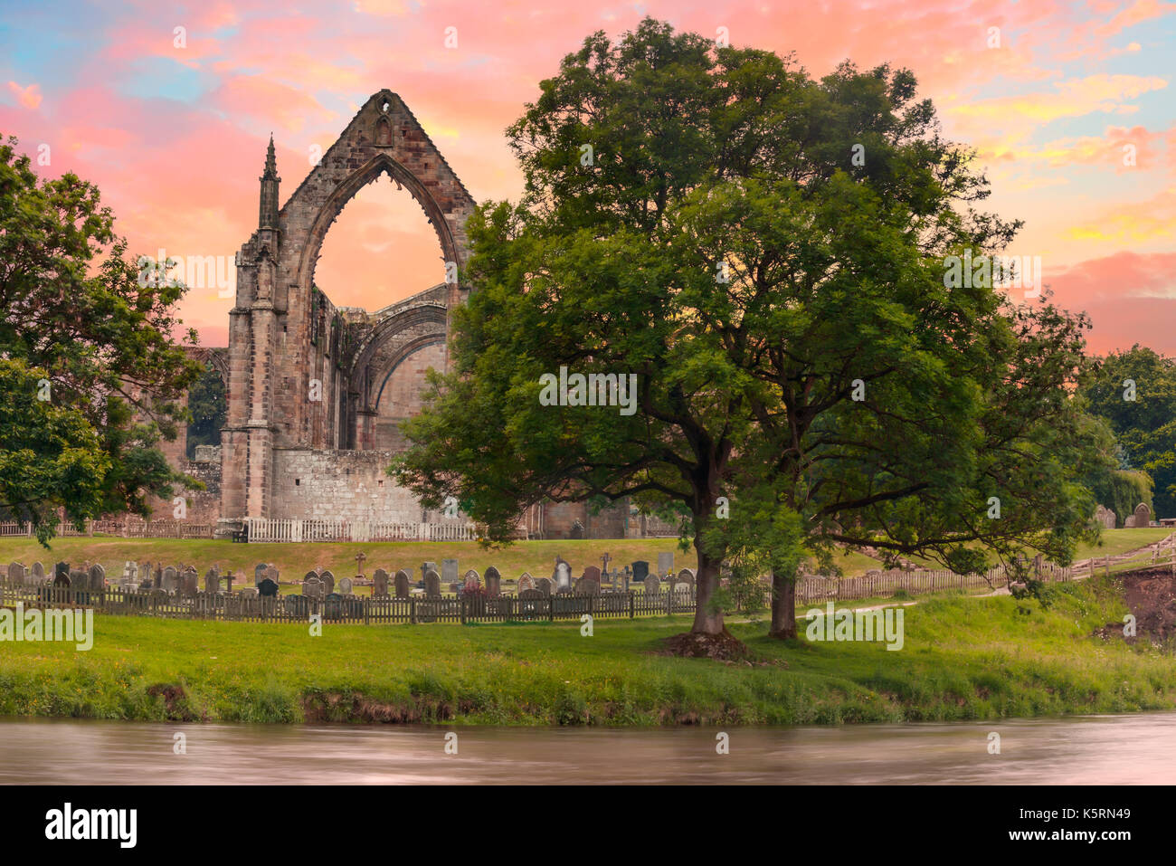 Bolton Abbey in Wharfedale in North Yorkshire, England, with the ruins of a 12th-century Augustinian monastery Stock Photo