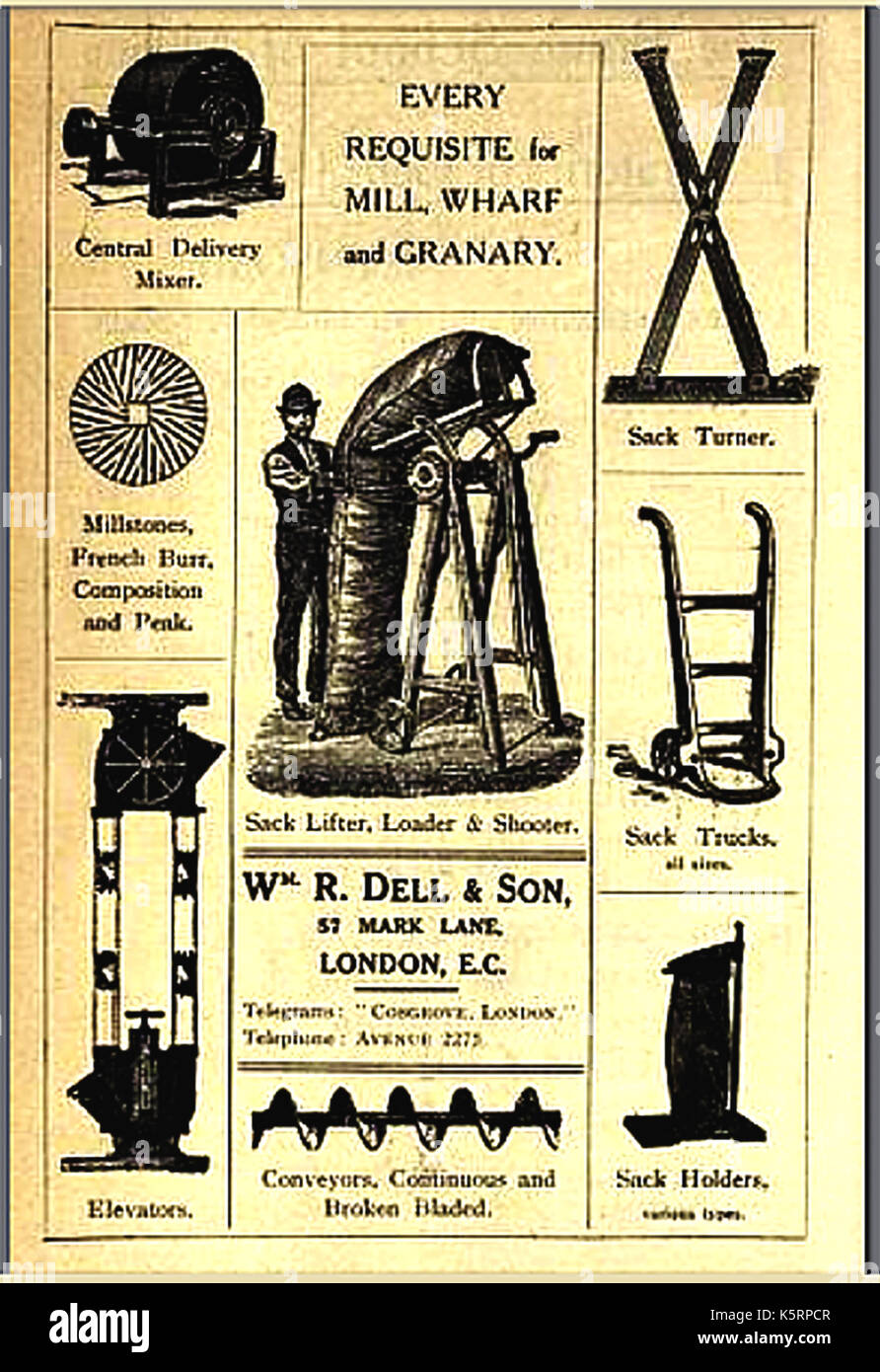 A page from an old millers catalogue of requisites for Mill, wharf and grain use - Central Delivery Mixer - Sack Turner -  Millstones (French burr, composition and peak) - Sack lifter, loader and shooter -  Sack Truck (sack barrow) -  Sack holder - Elevator and Conveyors. - William Dell and son, 57 Mark Lane, London. Stock Photo