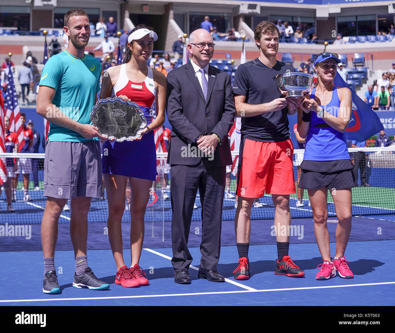 New York, United States. 09th Sep, 2017. Mixed doubles champions Jamie Murray of Great Britain & Martina Hingis of Switzerland & runner-up Hao-Ching Chan of Chinese Taipei & Michael Venus of New Zealand pose with trophy at US Open tennis tournament at Billie Jean King National Tennis Center Credit: Lev Radin/Pacific Press/Alamy Live News Stock Photo
