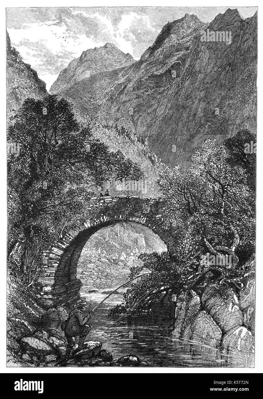 1870: A fisherman below Pont Aberglaslyn, a 17th century bridge over the Afon Glaslyn. It was extensively rebuilt and widened in 1795-6. Near Beddgelert and Nantmor in Snowdonia, Gwynedd, North Wales. Stock Photo