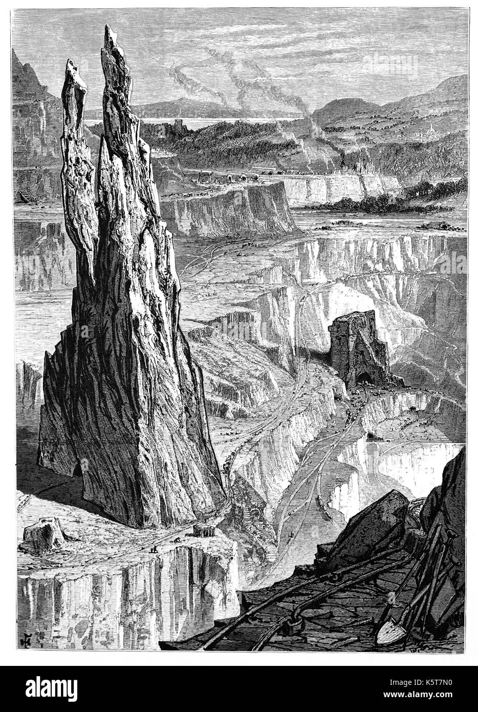 1870: The Penrhyn Slate Quarry, near Bethesda in Snowdonia,  Gwynedd, North Wales. At the end of the nineteenth century when this sketch was made it was the world's largest slate quarry.  The main pit is nearly 1 mile long and 1,200 feet deep, and it was worked by nearly 3,000 quarrymen Stock Photo